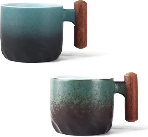 Vista 9 de Zurucily Juego de 2 tazas de espresso de 2 onzas, tazas de espresso de cerámica con asa de madera, tazas de té pequeñas Negro