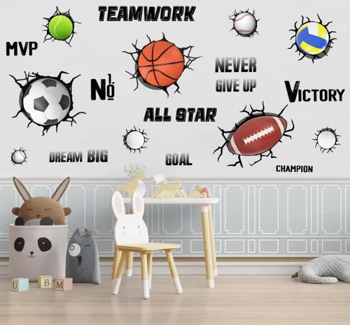 Vista 2 de YIMEHDAN Calcomanías de pared de pelotas deportivas 3D, fútbol, voleibol, rugby, baloncesto, tenis, vinilo para pared, diseño deportivo extraíble