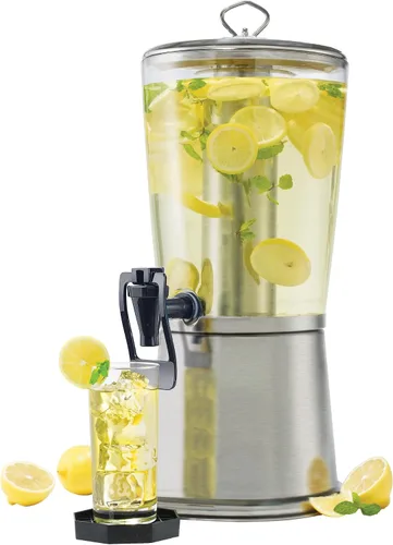 Vista 3 de Winco - Dispensador de bebidas de plástico plateado de 2 1/4 galones, soporte y núcleo de hielo Sin BPA, cámara grande, sin goteo, ideal