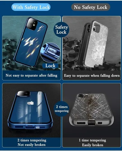 Vista 5 de Funda magnética con bloqueo de seguridad para iPhone 11 Pro de doble cara de vidrio de 360°, cubierta de cuerpo completo con protector de lente