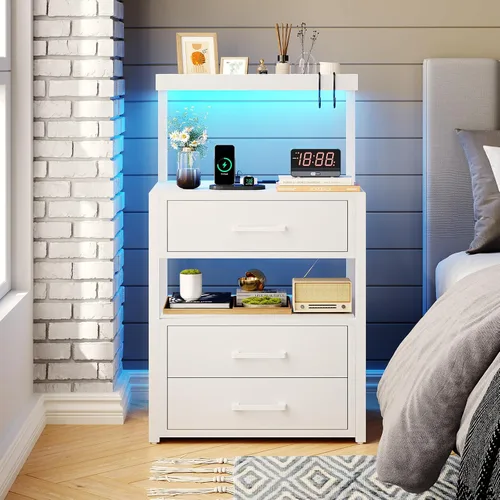 Vista 10 de Mesita de noche con estación de carga y luces LED, mesita de noche LED con 2 puertos USB y 2 salidas de CA, mesa auxiliar moderna con 3 cajones Negro