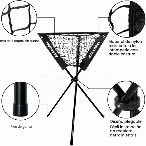 Vista 4 de BaseGoal - Red de práctica de 213 centímetros x 213 centímetros para béisbol y sóftbol, protector de béisbol, con bate de bateo, carro de pelotas