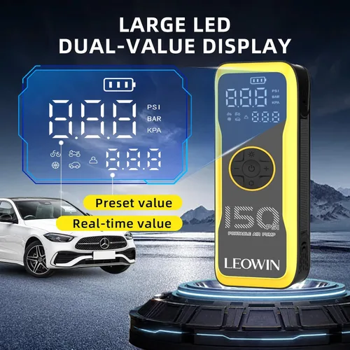 Vista 8 de Bomba de aire portátil para neumáticos con medidor digital de presión de neumáticos/luz LED, batería recargable integrada y adaptador de corriente