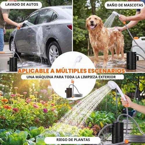 Vista 2 de Ducha portátil para campamento, 4400 mAh, recargable por USB, IPX7, impermeable, bomba de ducha con batería + cubo plegable para campamento Negro