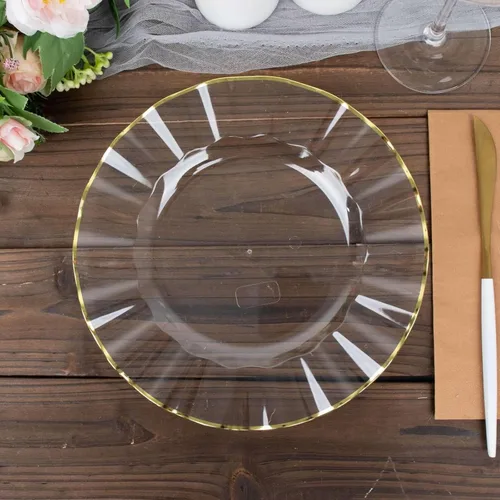 Vista 44 de Tableclothsfactory Paquete de 10 platos redondos de plástico negro de 6 pulgadas para ensalada de postre, platos desechables con borde ondulado