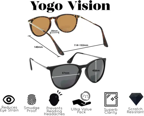 Vista 3 de Yogo Vision Gafas de sol bifocales para hombres y mujeres, paquete de 2 lentes de lectura con protección UV400, unisex, color negro/marrón, Havana 1