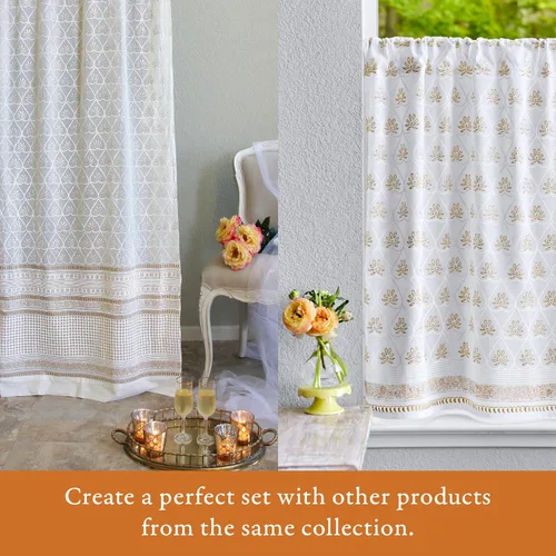 Vista 5 de Saffron Marigold Cortina de cenefa impresa a mano con ribete de cuentas, velo de novia blanco, perfecta para cocina, dormitorio, baño, comercio