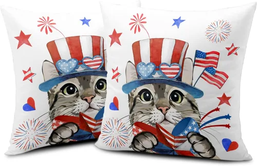 Vista 39 de Juego de 2 fundas de almohada patrióticas para exteriores, diseño de estrellas azules del 4 de julio, 16 x 16 pulgadas, fundas de almohada