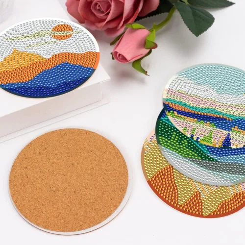Vista 6 de Juego de 8 posavasos de arte de diamante para adultos con soporte de almohadillas de corcho, paisaje abstracto de bricolaje, arte de diamantes