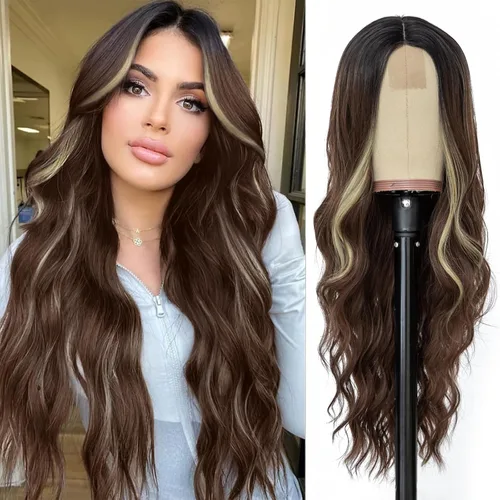 Vista 13 de NAYOO Peluca larga ondulada rubia ombré para mujer, de 26 pulgadas, parte media, rizada, ondulada, de aspecto natural, fibra sintética resistente al