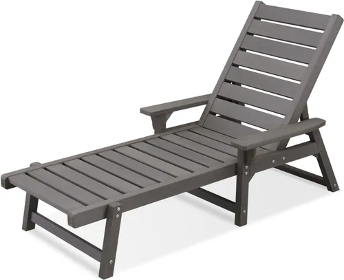 Vista 22 de Chaise Lounge, madera de polietileno, silla de salón al aire libre con respaldo ajustable, resistente a la intemperie, impermeable, a prueba