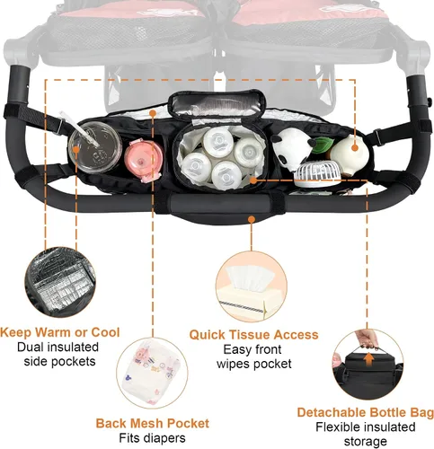 Vista 4 de Organizador de cochecito doble para Bob Duallie y Baby Jogger City Mini GT2, carrito doble para cochecito con 2 bolsillos aislados y bolsa