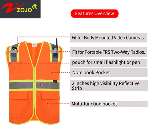 Vista 4 de zojo Chalecos de seguridad de alta visibilidad con cremallera y bolsillos, 5 paquetes, chaleco reflectante al por mayor para trabajos al aire libre