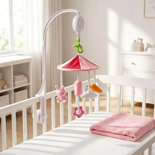 Vista 3 de Cuna móvil de conejo y zanahoria con música, para niños recién nacidos de 0 Rabbit rosa