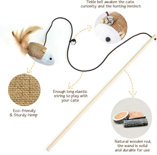 Vista 7 de KABB Juguetes para gatos de interior, 3 piezas de 16 pulgadas de madera natural para gatos con recambios de teaser para gatos y gatitos que se Lino