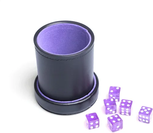 Vista 3 de Taza de dados de piel sintética con forro de terciopelo morado con tapa, incluye 6 dados translúcidos morados para mentirosos dados Farkle Yahtzee