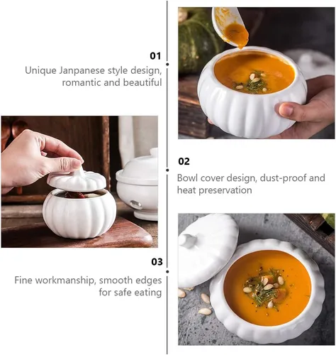 Vista 9 de BESTonZON Cuenco de sopa de cerámica con tapa de 4.13 pulgadas cubierto para estofado, plato de porcelana para postres de calabaza y guisos, vajilla