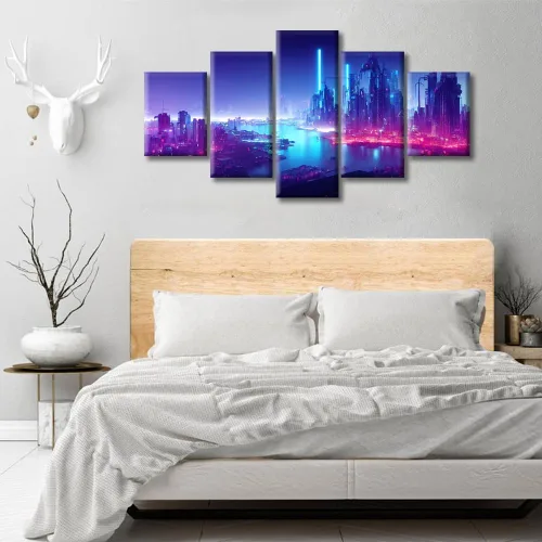 Vista 399 de Cuadros de 5 paneles de Cyberpunk City, arte de pared, representación de vallas publicitarias, edificios modernos en la capital con obras de arte