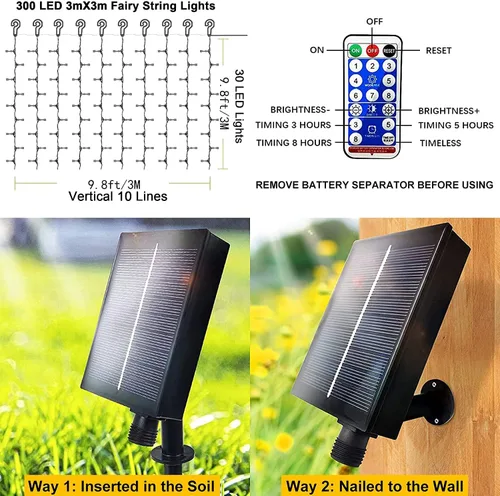 Vista 3 de Luces de cortina solares para exteriores, 300 luces LED en forma de cascada, 8 modos, control remoto, luces impermeables para cascada, para cenador