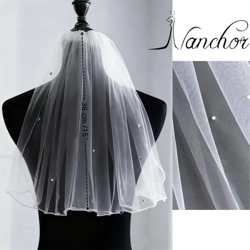 Vista 6 de Velo de novia para mujer, velo corto con tul de diamantes de imitación para despedida de soltera 38cm/15" Blanco