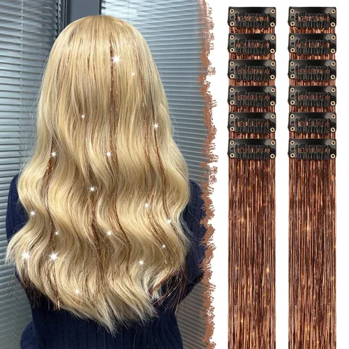 Vista 39 de FESHFEN Juego de 12 extensiones de cabello con clip, color negro, con clip, con purpurina, kit de accesorios coloridos para mujeres, de 20 pulgadas