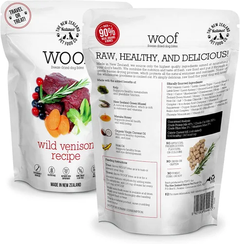 Vista 2 de The New Zealand Natural Pet Food Co Woof Alimento Liofilizado para Perros - Venado Salvaje, Alto en Proteínas, Complemento Alimenticio y Golosinas
