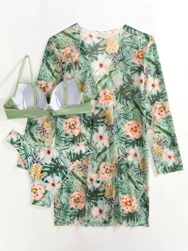 Vista 3 de MakeMeChic Traje de baño de 3 piezas para mujer, traje de baño de bikini con realce tropical con kimono