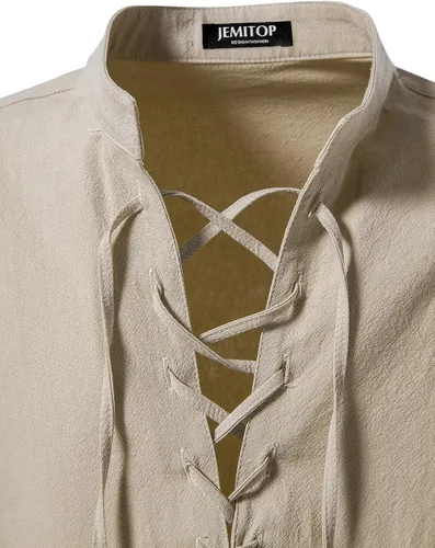 Vista 4 de JEMITOP Men's Pure Cotton Retro Lace Up Shirts for Renaissance Pirate Medieval Viking