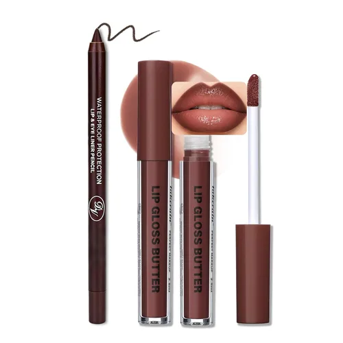 Vista 17 de BAISEN DIARY 2 en 1 doble punta mate delineador de labios y brillo de labios, lápiz combinado de labios marrón nude degradado, delineador de labios