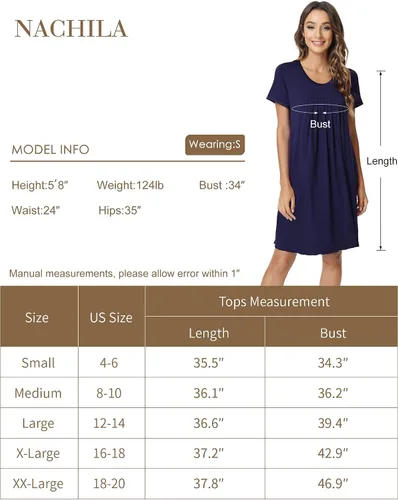 Vista 2 de NACHILA Camisones para mujer, viscosa hecha de bambú, camisón de manga corta, plisado, ropa de dormir suave