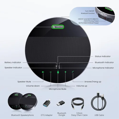 Vista 5 de TONGVEO Altavoz y micrófono de conferencia 2 en 1, altavoz inalámbrico Bluetooth Daisy Chain con micrófonos omnidireccionales de 360° conexión