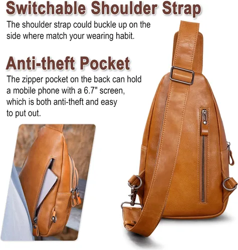 Vista 5 de Bolso bandolera de cuero genuino para hombres y mujeres, bolso de hombro cruzado, mochila de pecho, bolso de mano casual