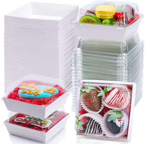 Vista 7 de RomanticBaking Paquete de 100 cajas de charcutería de 4 x 4 x 2.55 pulgadas con tapas transparentes, cajas de galletas, cajas de panadería, cajas
