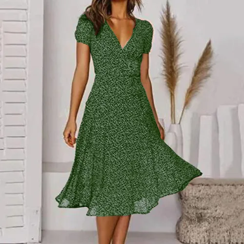 Vista 3 de Vestidos de verano para mujer 2023, vestido de manga corta con cuello en V para mujer, vestido único envolvente casual bohemio midi vestidos de sol