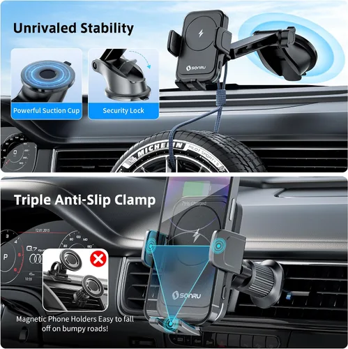 Vista 4 de SONRU Cargador inalámbrico Qi de 15 W, cargador inalámbrico de coche de carga rápida, sujeción automática, soporte de succión para salpicadero