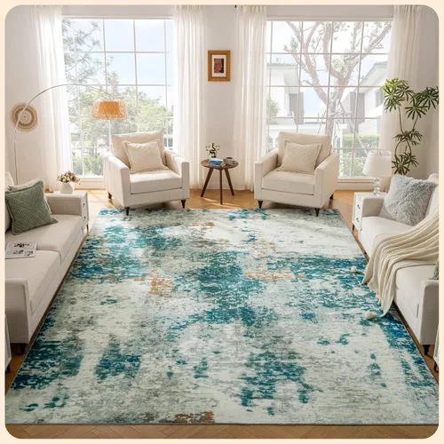 Vista 226 de Istana Alfombra larga antideslizante de 2.5 x 8 para el hogar, para pasillo y cocina, lavable, sedosa y suave al tacto, elegante, color azul y marfil