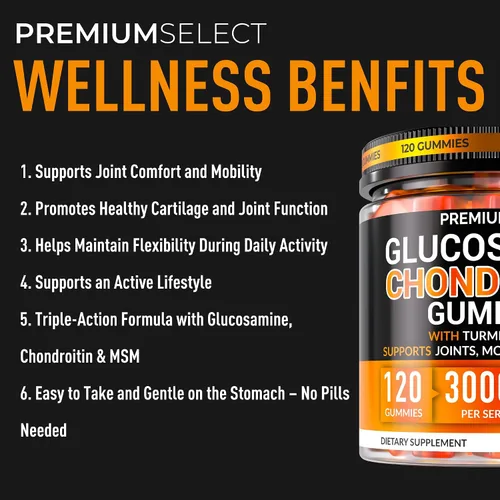 Vista 4 de Gomitas de condroitina de glucosamina para apoyo articular – 120 gomitas de glucosamina extra fuertes 3000 mg con MSM, cúrcuma, calcio, vitamina D3