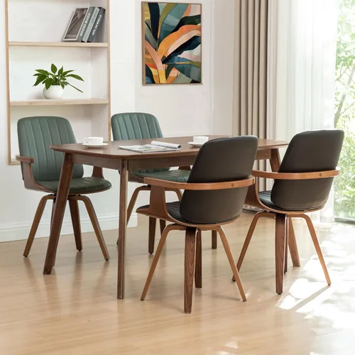 Vista 6 de WUPOTO Juego de 1 silla de comedor giratoria, silla de comedor moderna de mediados de siglo con artesanía de nogal, piel sintética tapizada, brazos