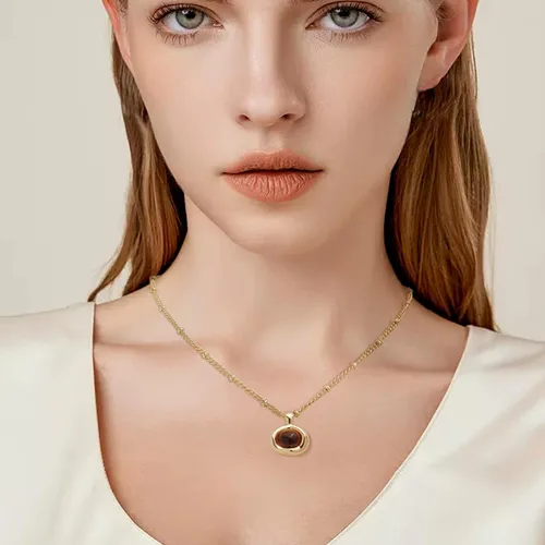 Vista 2 de Jean Beau Collares con colgante de piedra dorada para mujer, collar grueso de piedras preciosas colgantes para boda, baile de graduación, joyería