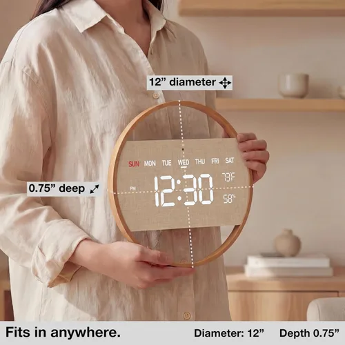 Vista 3 de Driini Reloj de pared digital grande – Reloj de pared de madera de bambú digital redondo con pantalla grande – Reloj de pared LED – Atenuación
