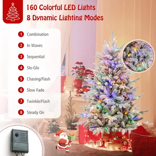 Vista 3 de Goplus Árbol de Navidad artificial preiluminado de 4.5 pies con nieve, árbol de Navidad completo con bisagras con 160 luces LED multicolores, 8