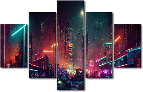 Vista 29 de Póster de 5 paneles en lienzo para decoración de pared, diseño de centro urbano Cyberpunk, impresión moderna, decoración de pared para el hogar