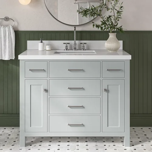 Vista 13 de DKB Isabella - Mueble de baño negro de 42 pulgadas con fregadero, lavabo rectangular, encimera de cuarzo blanco puro y protector contra salpicaduras