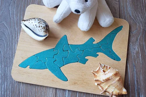 Vista 2 de Shark Wooden Puzzle Toy Montessori Activity Toys Sea Animal Seashore Puzzles Nursery Coastal Sea Animals Fish Fisher Gift Educational Waldorf Eco
