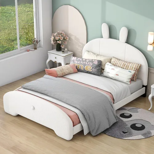 Vista 3 de Cama de plataforma tapizada de tamaño completo con cabecero en forma de orejas de dibujos animados, para muebles de dormitorio de niños