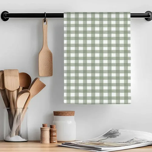 Vista 2 de Juego de 2 toallas de cocina y paños de cocina, color verde salvia y blanco, a cuadros, de 18 x 28 pulgadas, toallas de mano absorbentes de secado
