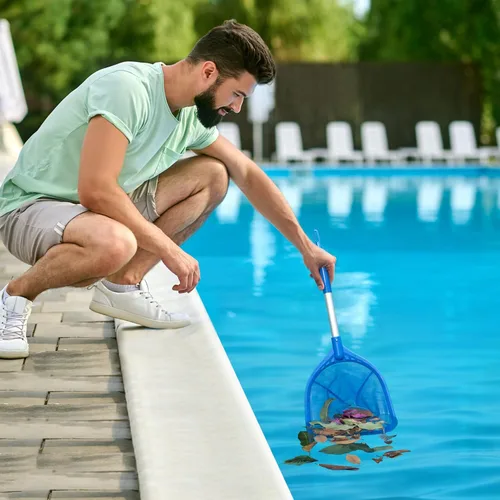Vista 8 de Mowend Red de desnatador de piscina de 26.8 pulgadas, red de rastrillo de hojas con poste de aluminio fino para limpieza rápida de estanques Azul