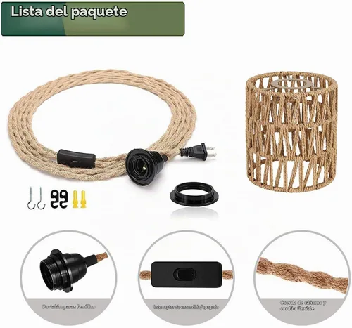 Vista 4 de Lámpara Colgante Bohemia con Enchufe, Luz Colgante with Cable con Enchufe, Lámpara de Techo con Pantalla Cilíndrica de Ratán e Interruptor