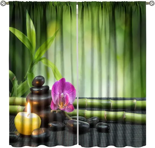 Vista 33 de Cortinas con estampado de bambú verde natural, plantas asiáticas, japonesas, tallos rústicos, hojas, cortina de selva con bolsillo para cortinero