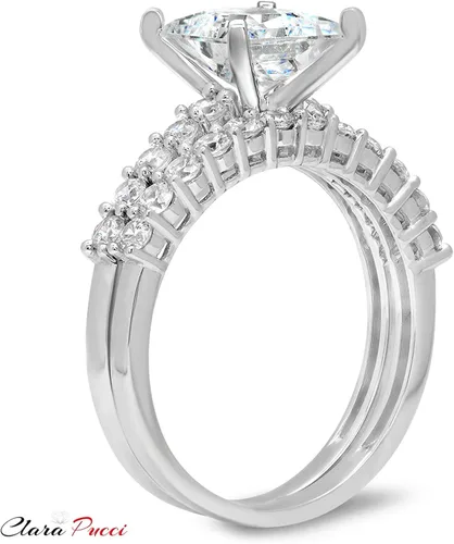 Vista 4 de Juego de anillos de compromiso de 2,66 quilates de corte princesa con moissanita auténtica y diamantes de imitación, de oro blanco sólido de 14